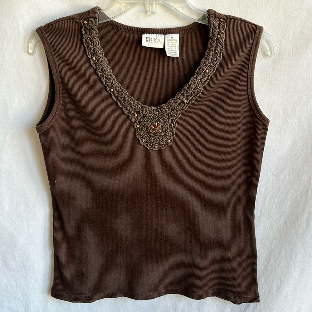 Erika chocolate brown beaded cotton tank top, size M